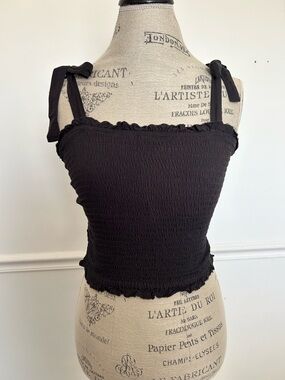 Abercrombie & Fitch Black Smocked Tie-Shoulder Ruffle Tank